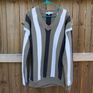 IZOD Club Vtg V-neck Textured Stripe XL Long-Sleeve CasualSweater Blue/Tan/White